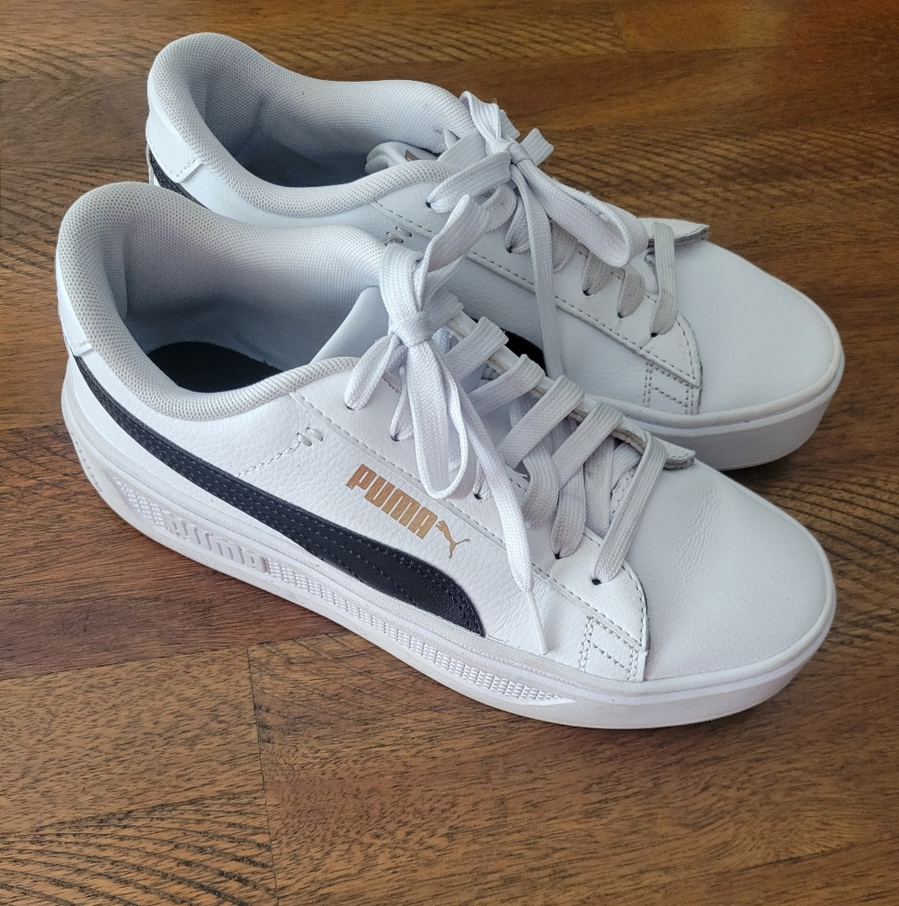 Puma Women's White and Black Sneakers with Gold Logo